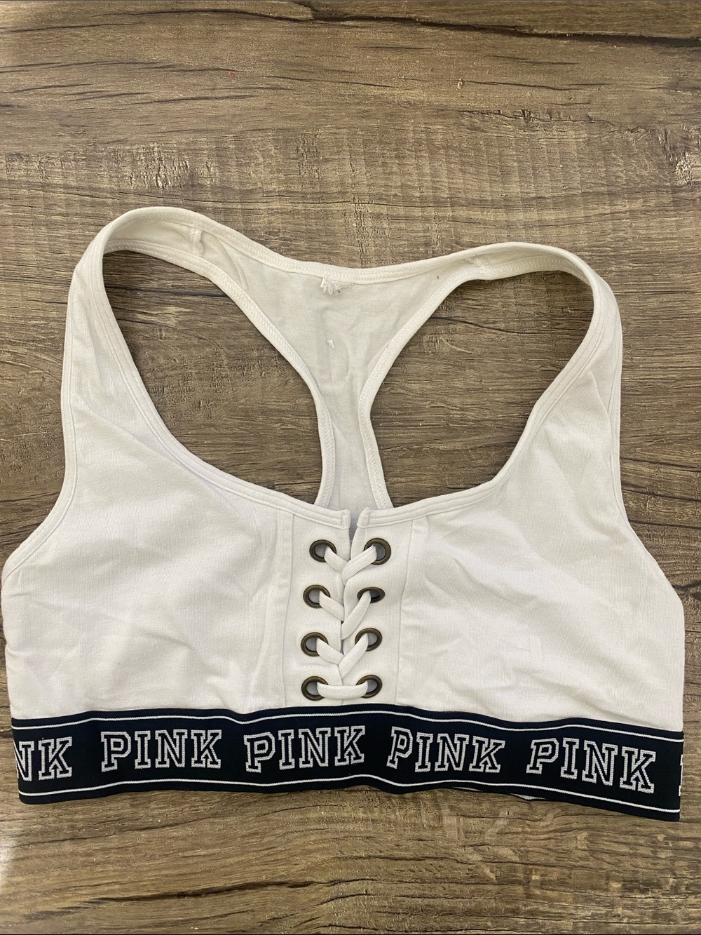 PINK Victoria's Secret White Lace-Up Racerback Bralette with Navy Logo Band